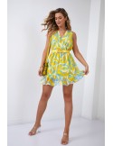 Light patterned dress with a belt, blue and yellow 03040 - Online store - Boutique